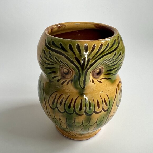 MCM Owl Vase Handmade Stoneware Folk Art Cottagecore Glazed 5" Home Decor - Picture 2 of 9